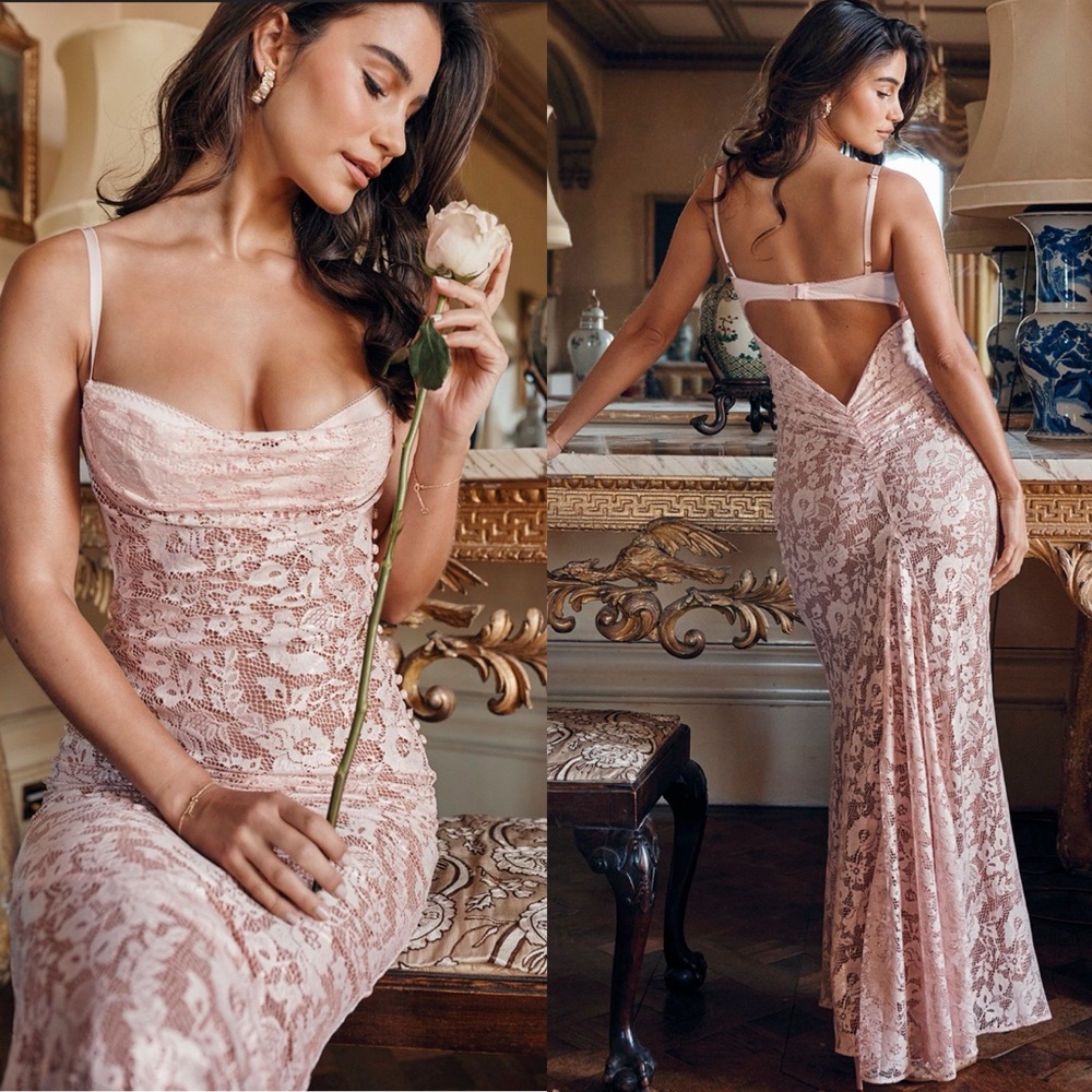 HOUSE OF CB 'Azzurra' Rose Pink Lace Godet Gown NWOT size XS